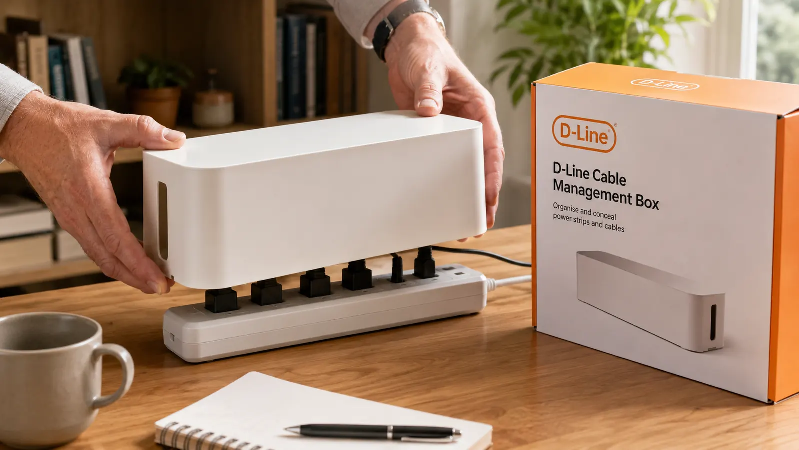 Hand placing D-Line cable management box over a bundled power strip with multiple cords going in