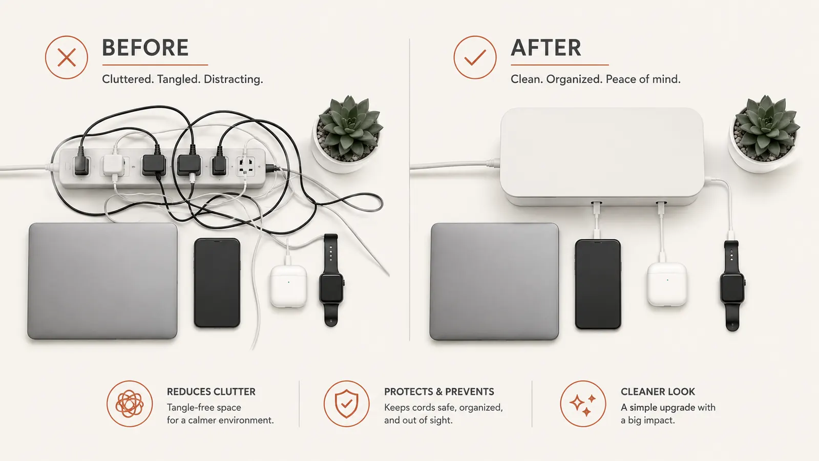 Before and after comparison of messy desk cords versus clean cable box setup