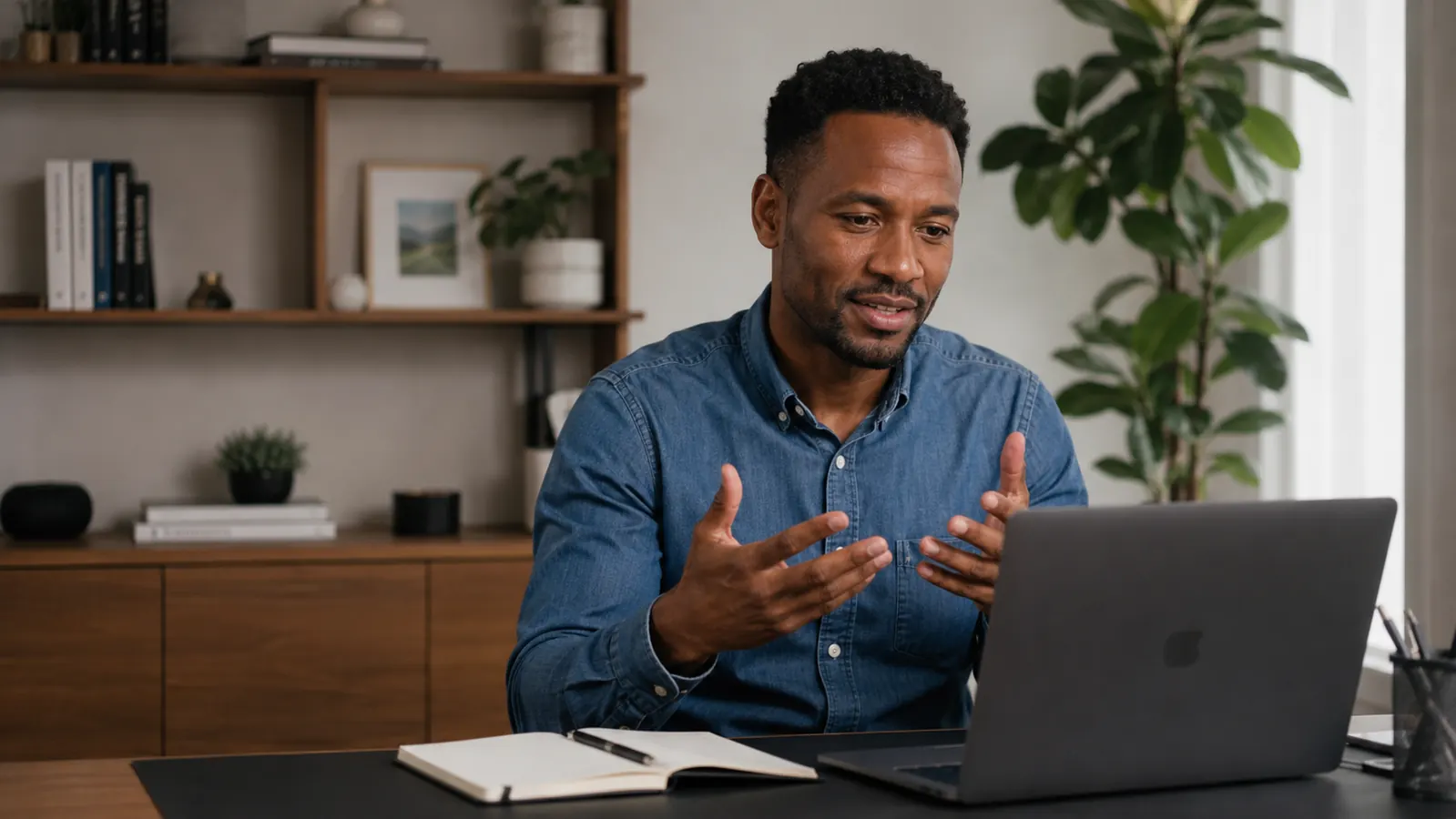 Remote worker on a video call with a clean, clutter-free desk visible in the background