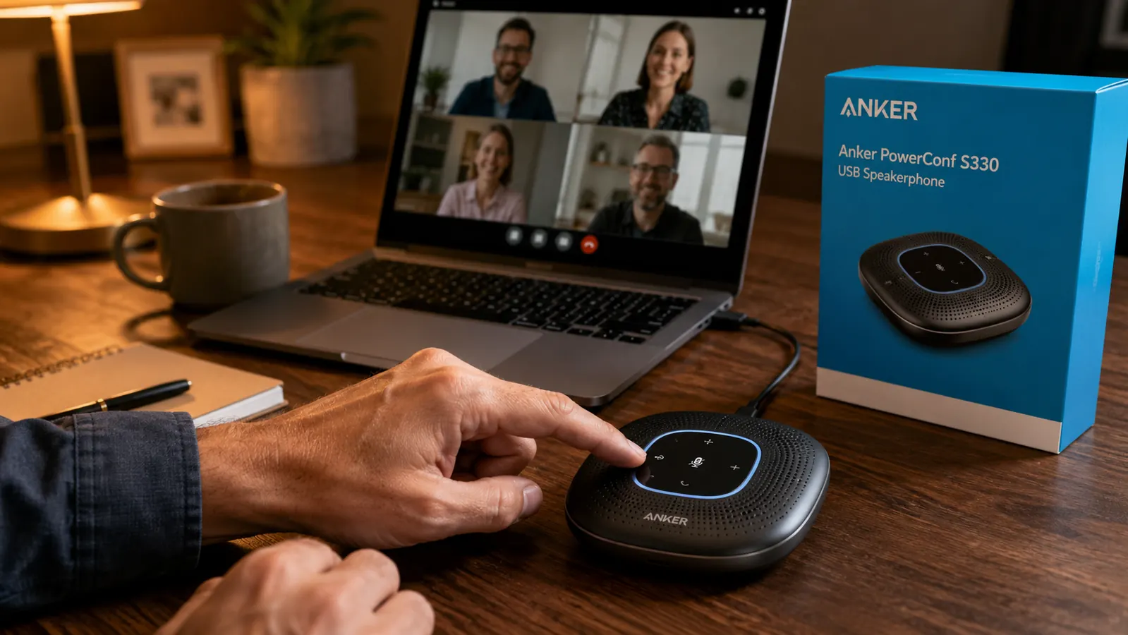Hand pressing the mute button on the Anker PowerConf S330 during a video call visible on a laptop screen in the background