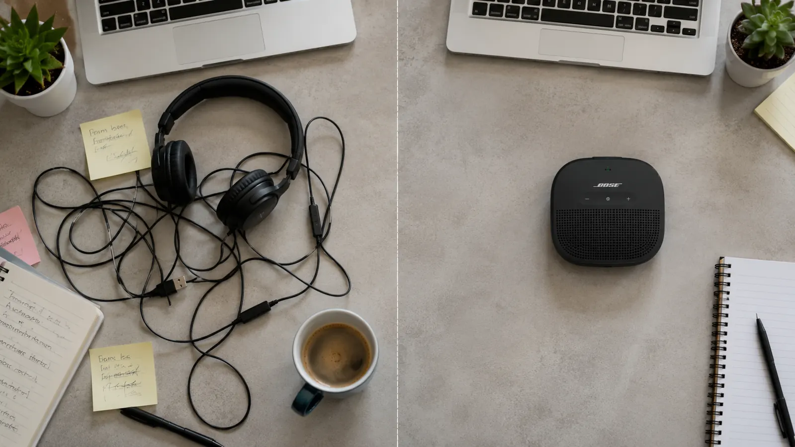 Split comparison showing a tangled over-ear headset on the left and a clean speakerphone on the right with visible desk space