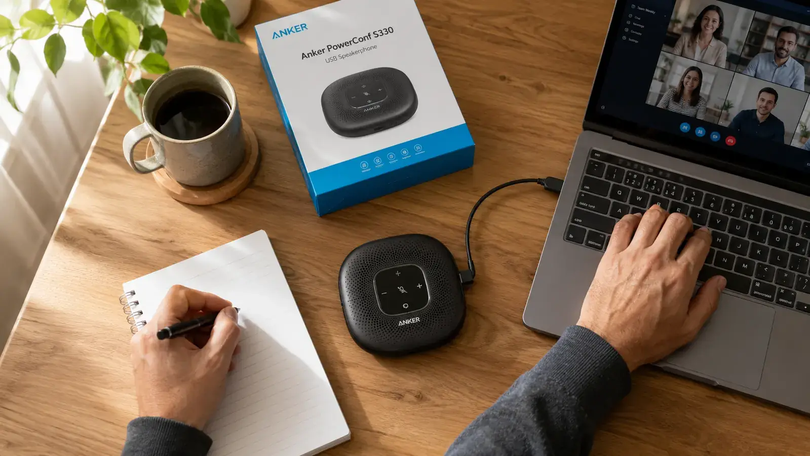 Anker PowerConf S330 speakerphone sitting on a wood-grain desk, USB cable plugged in, laptop open behind it