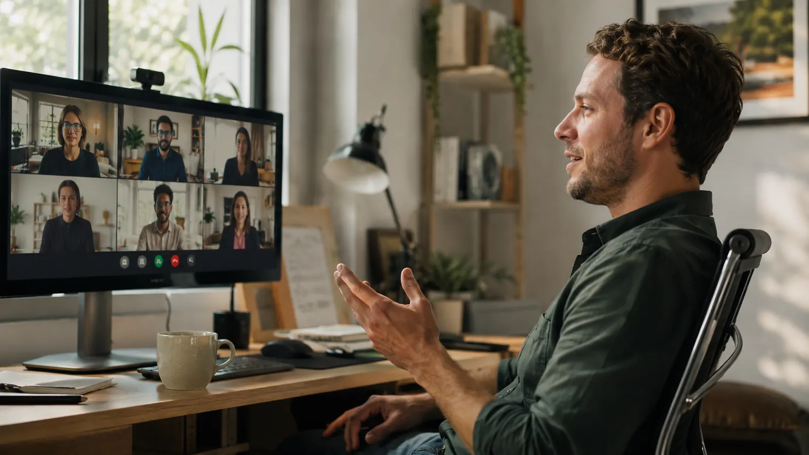 Man at a desk speaking freely without a headset, relaxed posture, monitor showing a video call grid