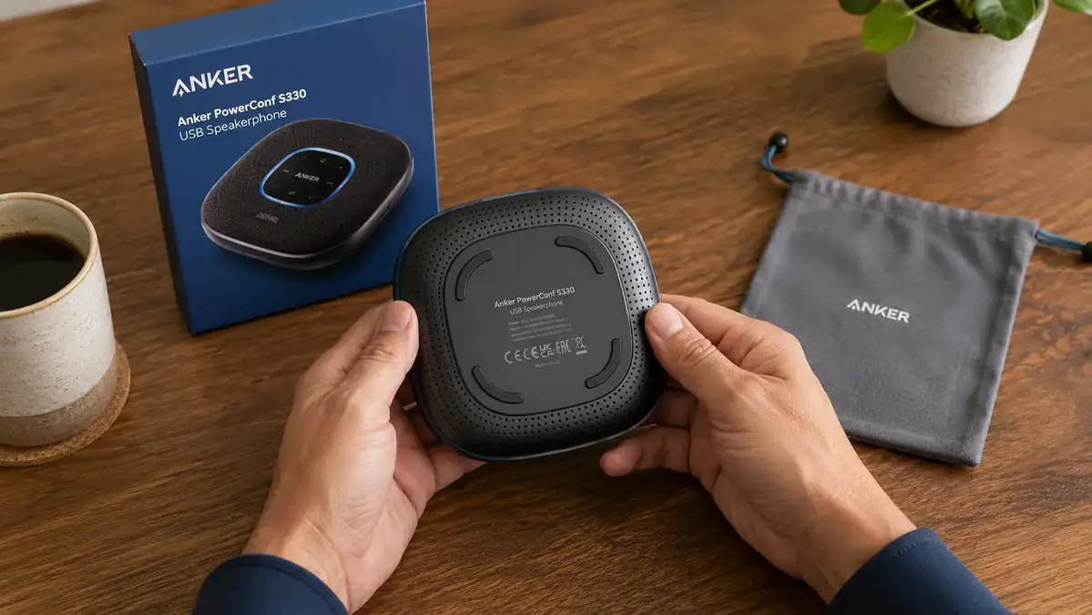 Bottom of the Anker PowerConf S330 showing rubber feet and the carrying pouch beside it on a desk