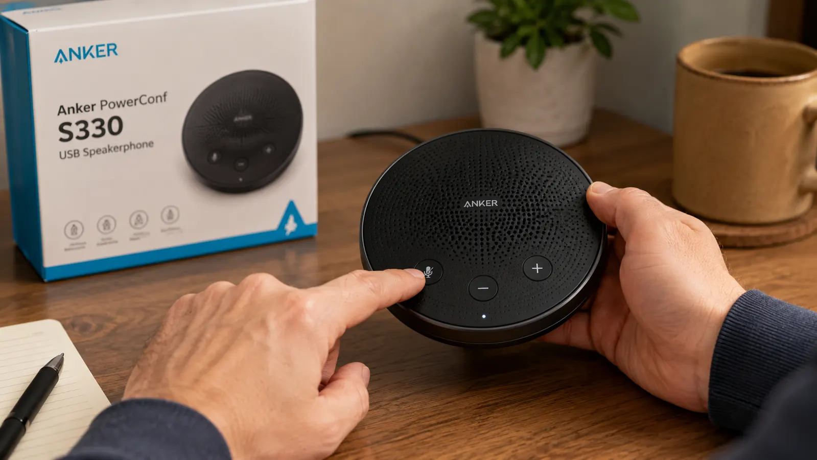Close-up of the Anker PowerConf S330 mute and volume control buttons on a desk