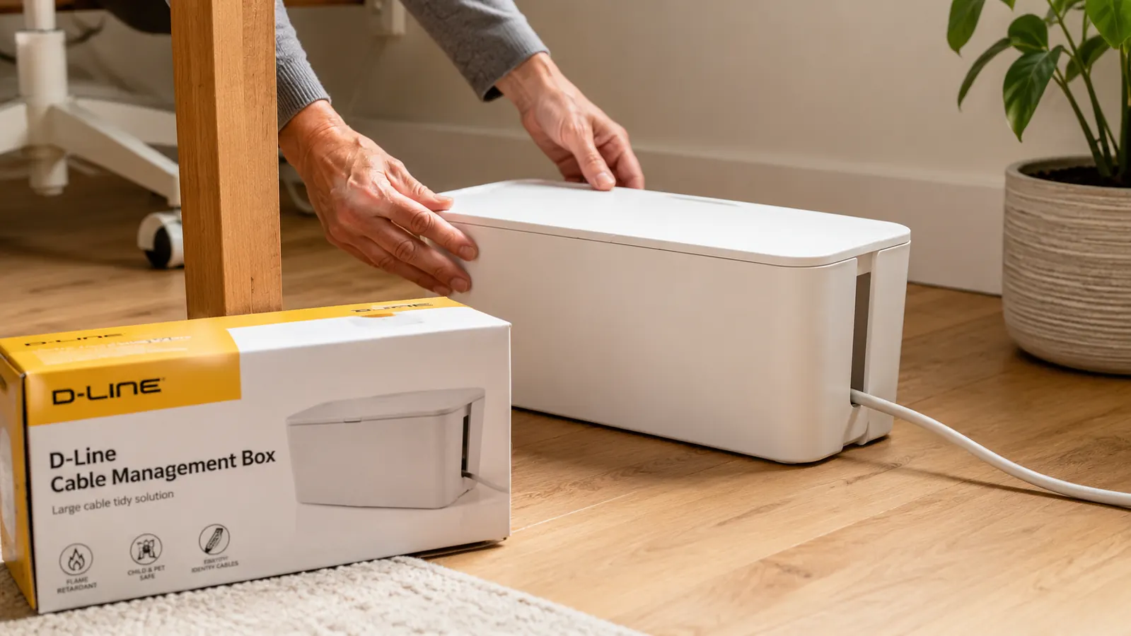 D-Line Cable Management Box sitting on a home office floor with a power strip cord fed through the side opening