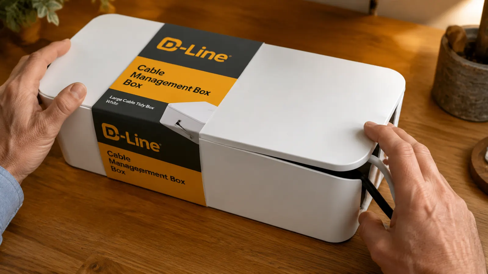 Close-up of a D-Line cable management box lid slightly raised on one side due to thick cords exiting the slot