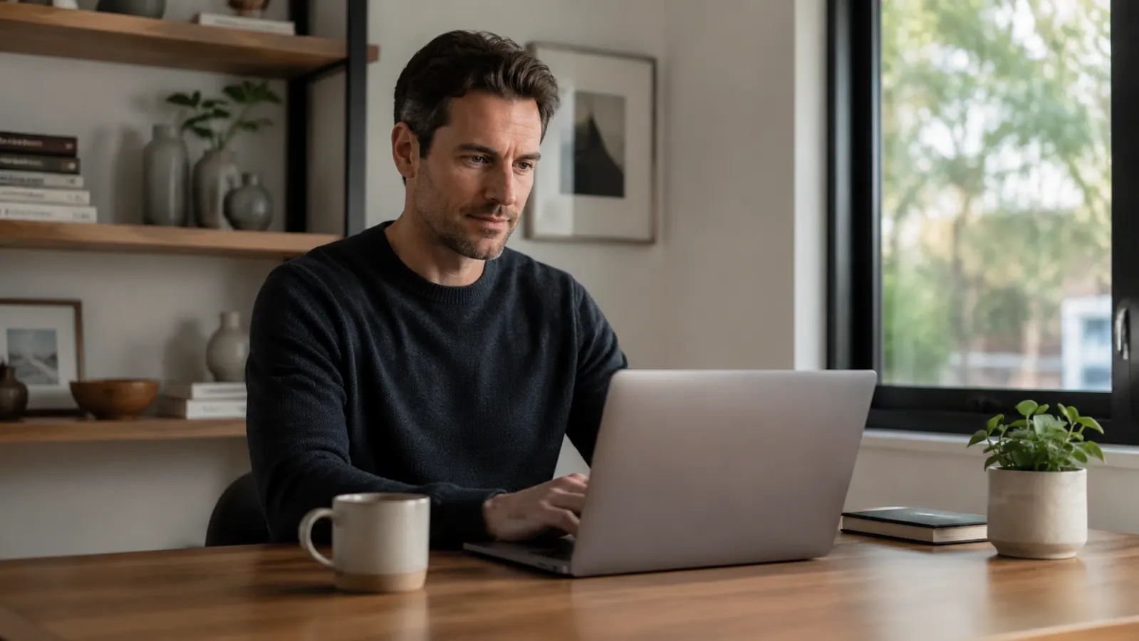 Remote worker at a clean organized home office desk looking relaxed, no visible cords anywhere