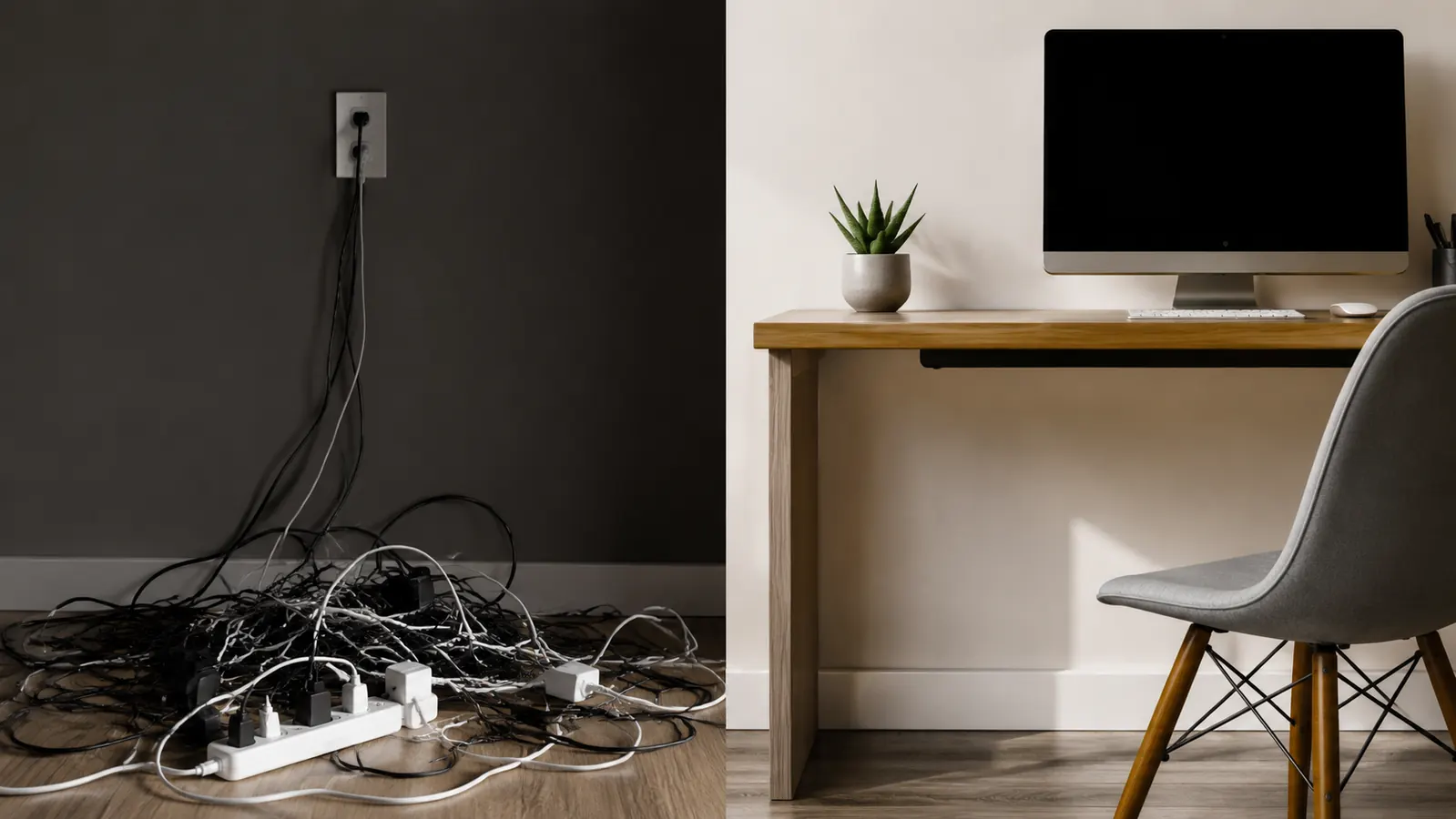 Close-up of a desk cable situation before and after using a cable management box