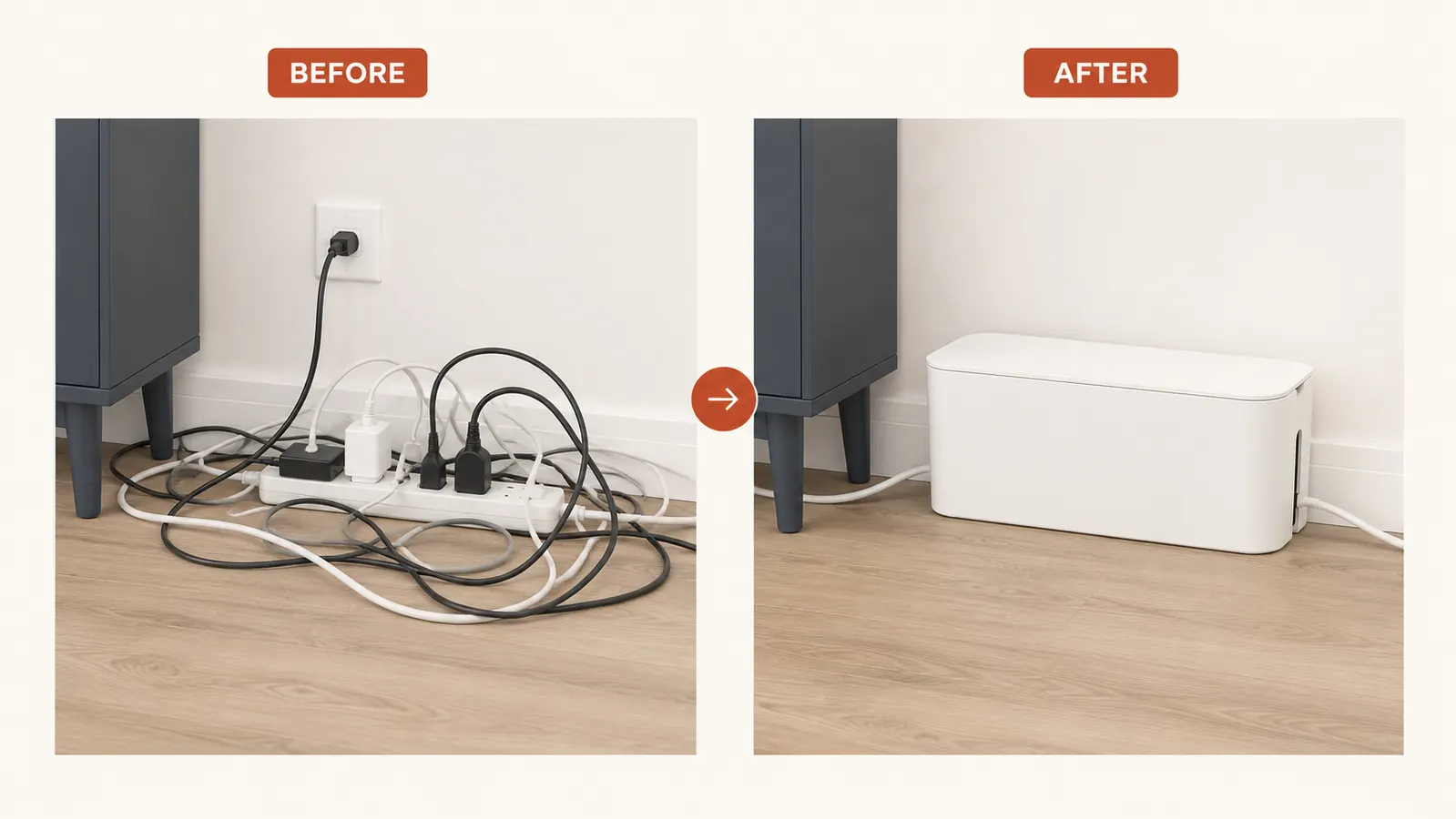 Before and after split showing tangled cord mess on left versus a closed cable box on right