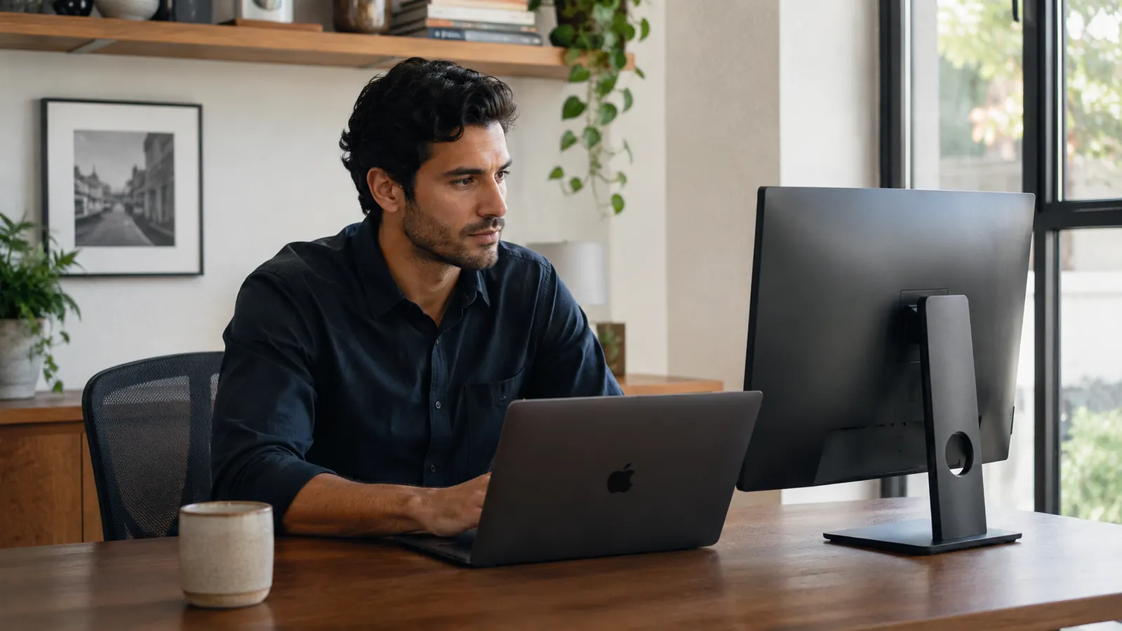Person working at a clean desk with no visible cords, relaxed and focused on laptop screen