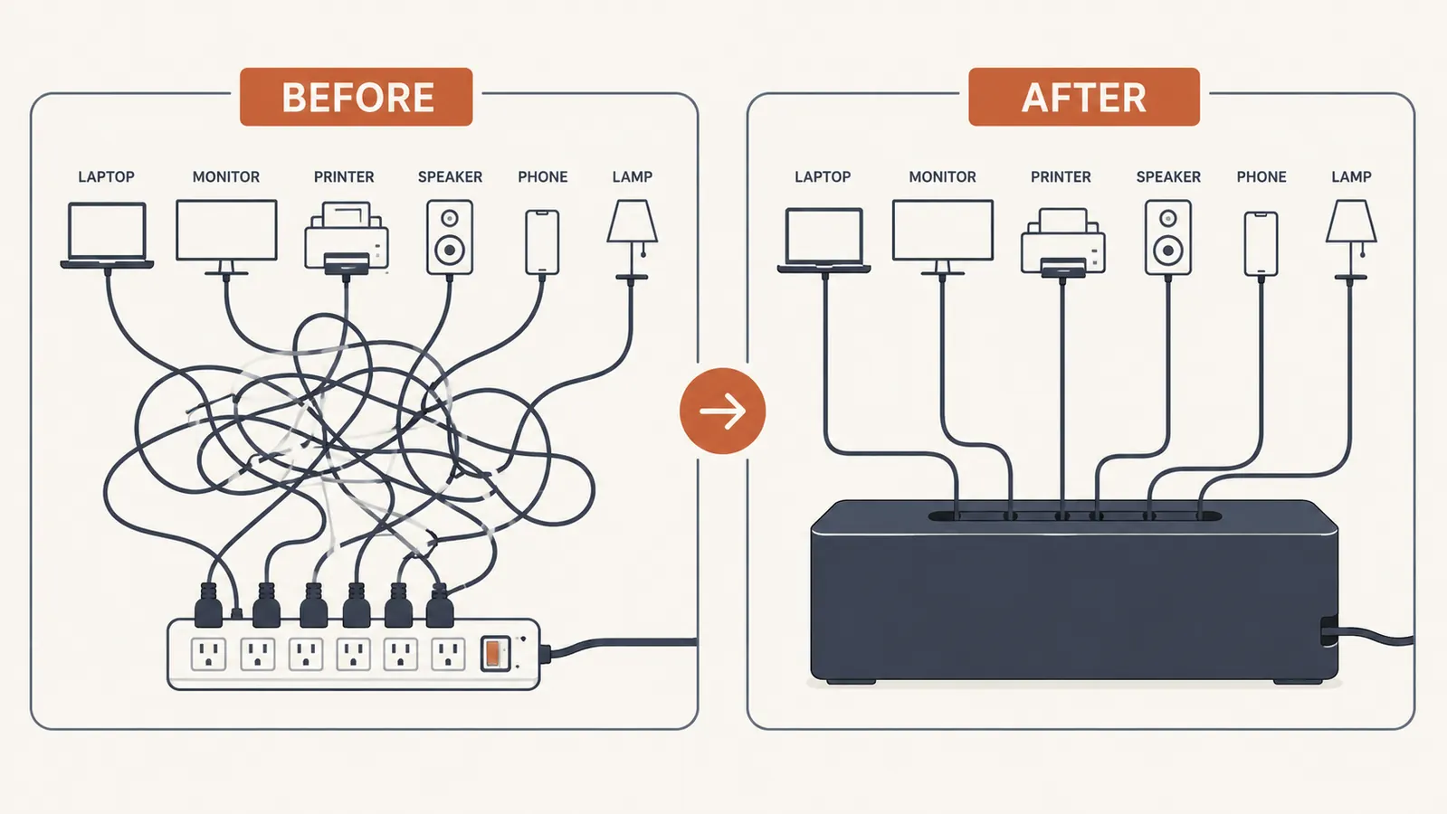 Diagram comparing a tangled cord pile versus an organized cable box setup under a desk