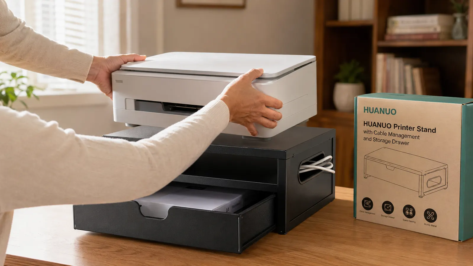 Person placing a printer onto the HUANUO printer stand with cable routing cutouts visible on the side