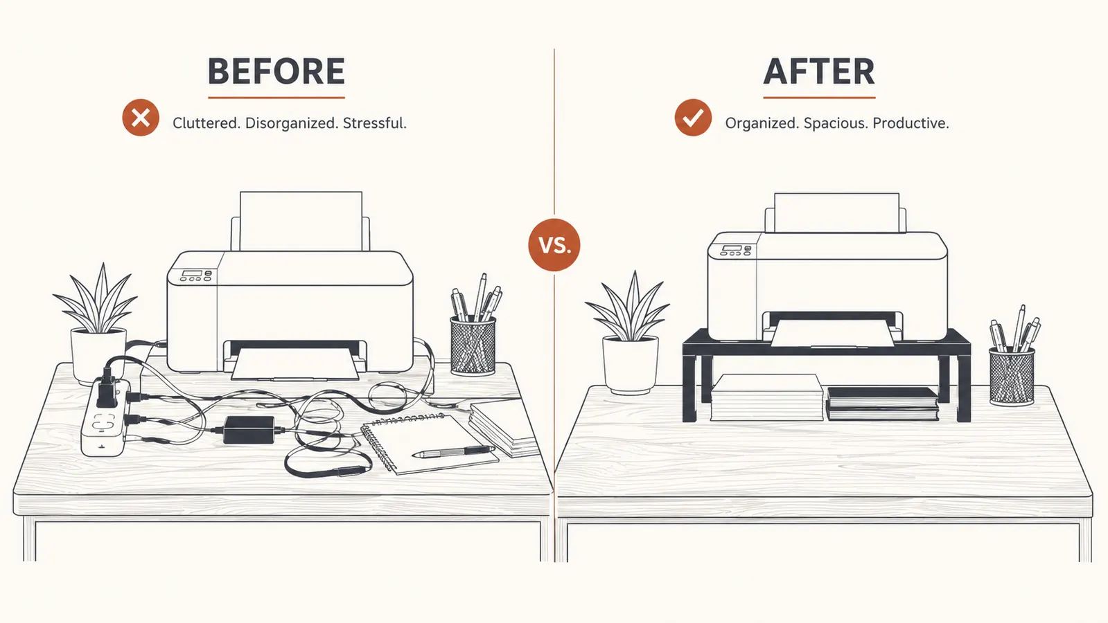 Before and after split of a cluttered small desk versus the same desk after cables are bundled and printer is moved to stand