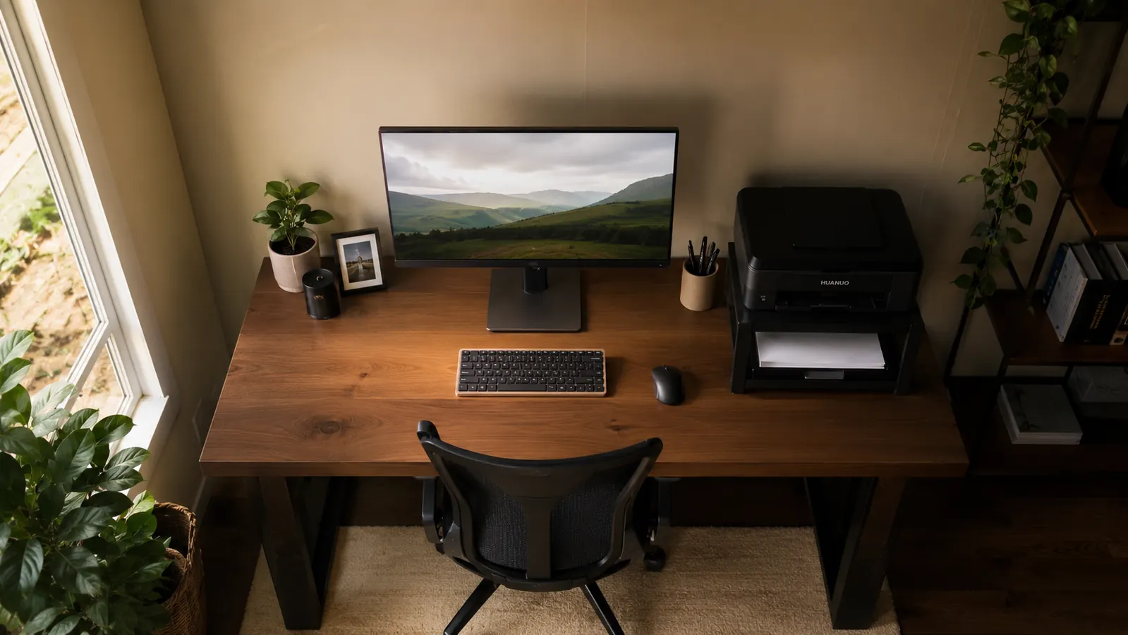 Finished small home office desk setup seen from slightly above, all cables hidden, supplies in drawer, monitor centered