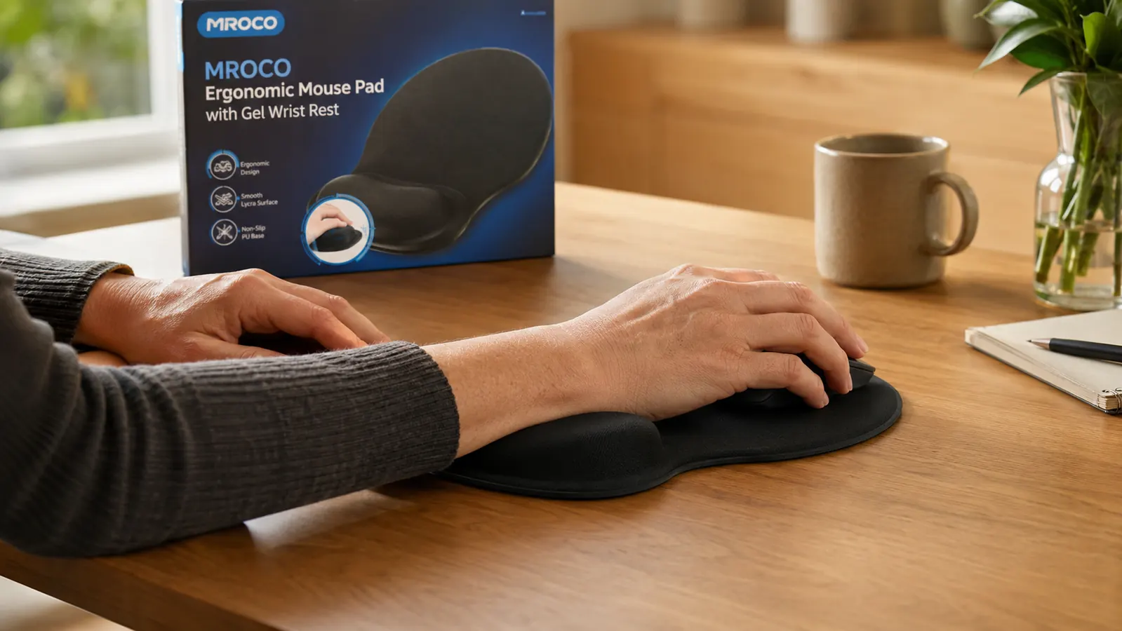 MROCO gel wrist rest mouse pad supporting a hand in neutral position while using a mouse