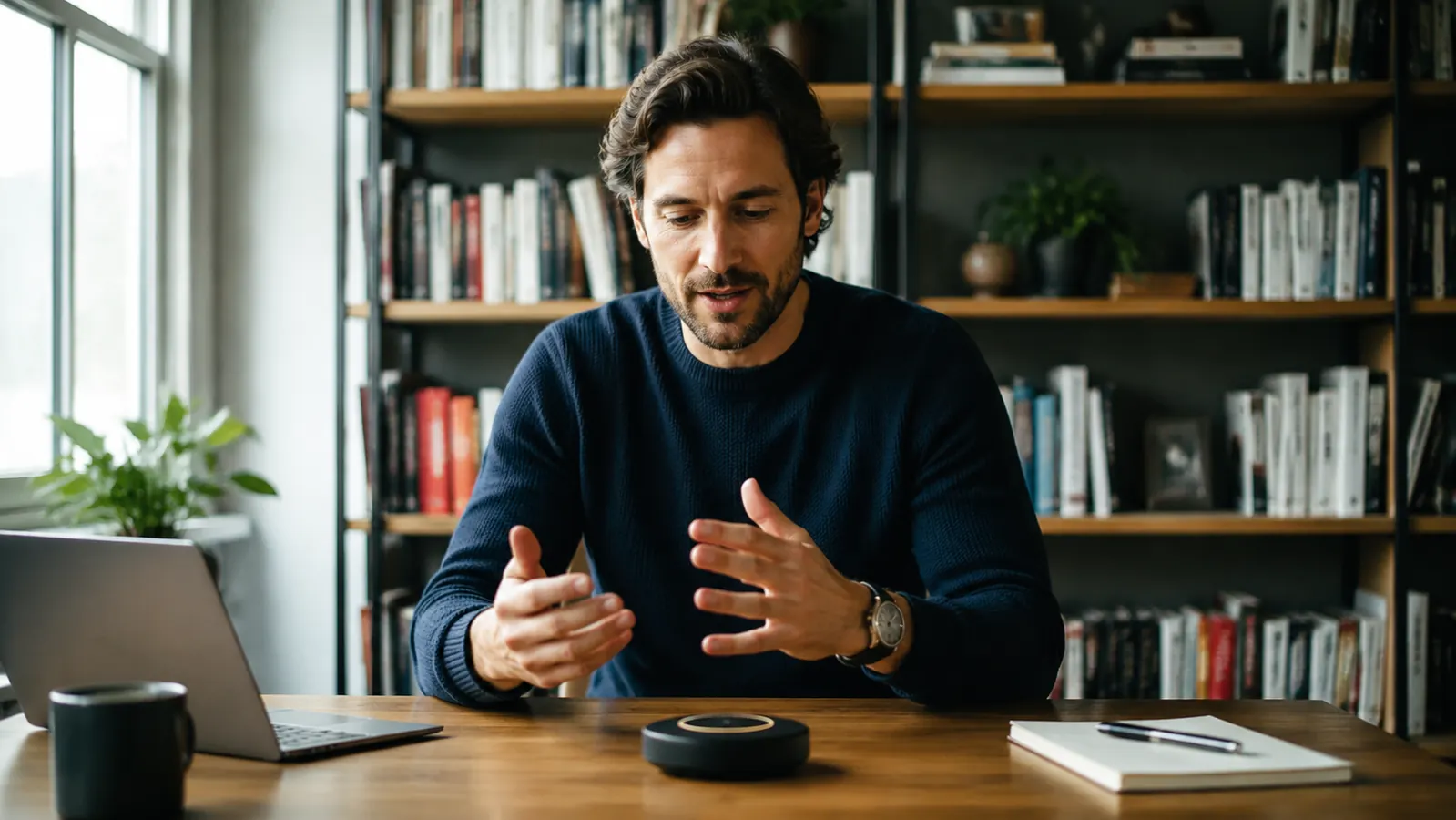 A man at a home desk speaking confidently into a speakerphone during a video call, bookshelves visible behind him