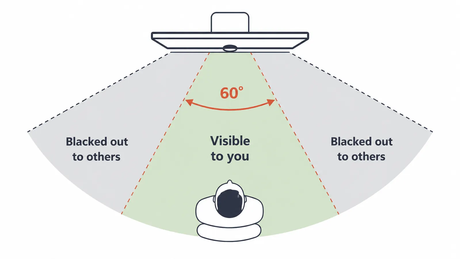 Diagram showing monitor viewing angle zones: 60-degree safe zone directly ahead vs blacked-out side zones at 30 degrees