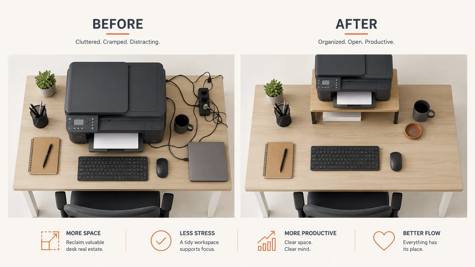 Before and after comparison showing a cluttered desk with a printer in the center versus a clear desk with the printer raised on a stand to the side