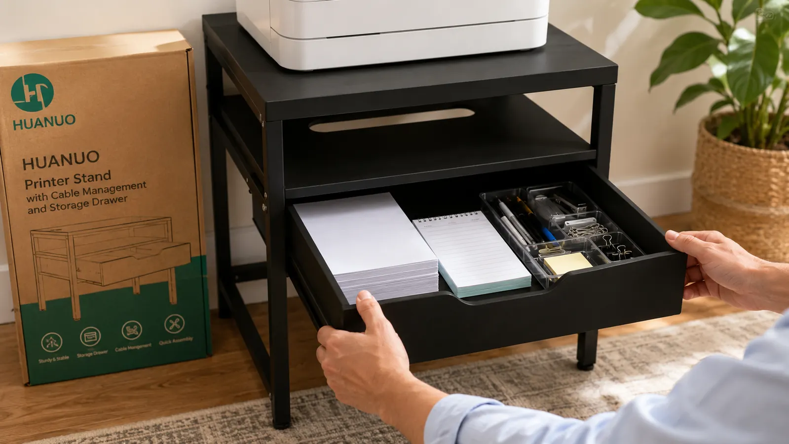 Open storage drawer of the HUANUO printer stand containing paper reams, a stapler, and small office supplies