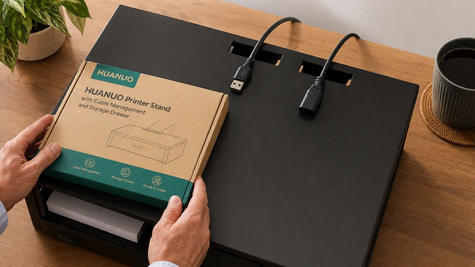 Close-up of the rear cable cutout slots on the HUANUO printer stand top surface with USB and power cables running through