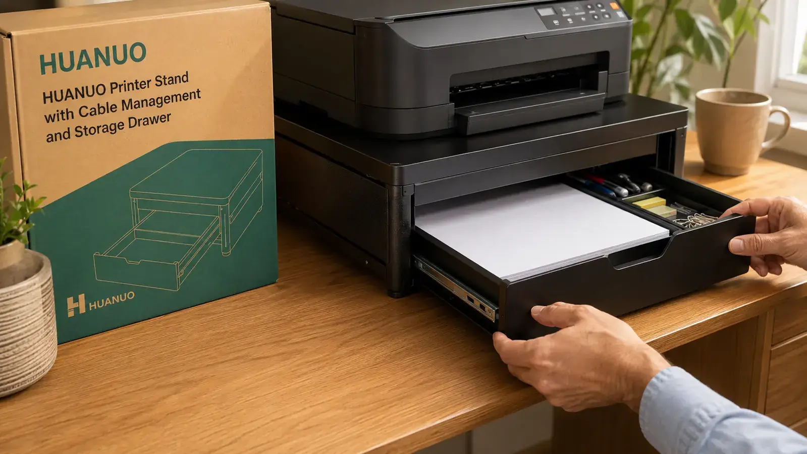 HUANUO printer stand drawer open showing paper ream stored inside, supplies visible, drawer partially extended