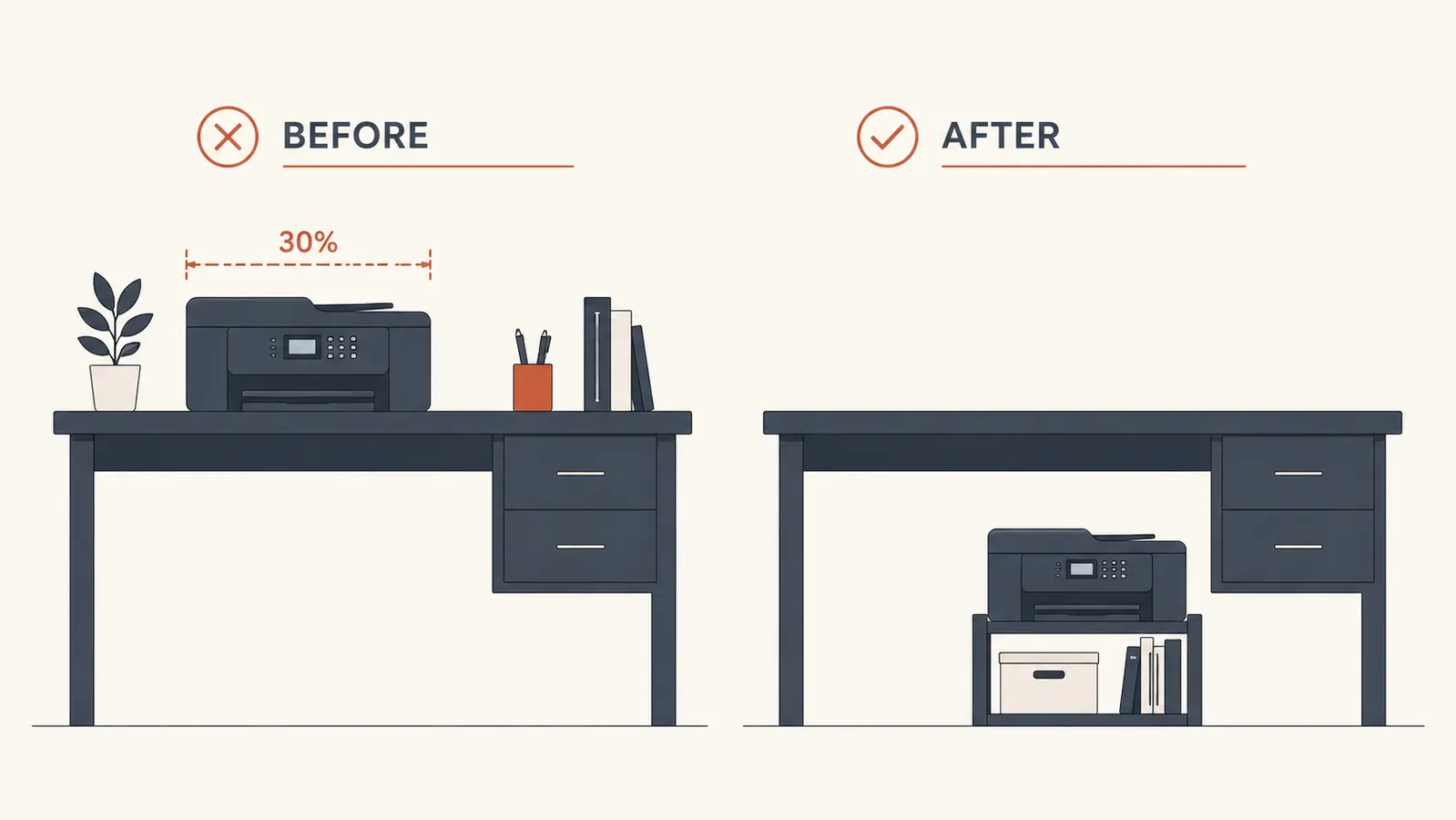 Before and after desk surface showing printer cluttering desk versus same desk with printer on floor-level stand and clear working area
