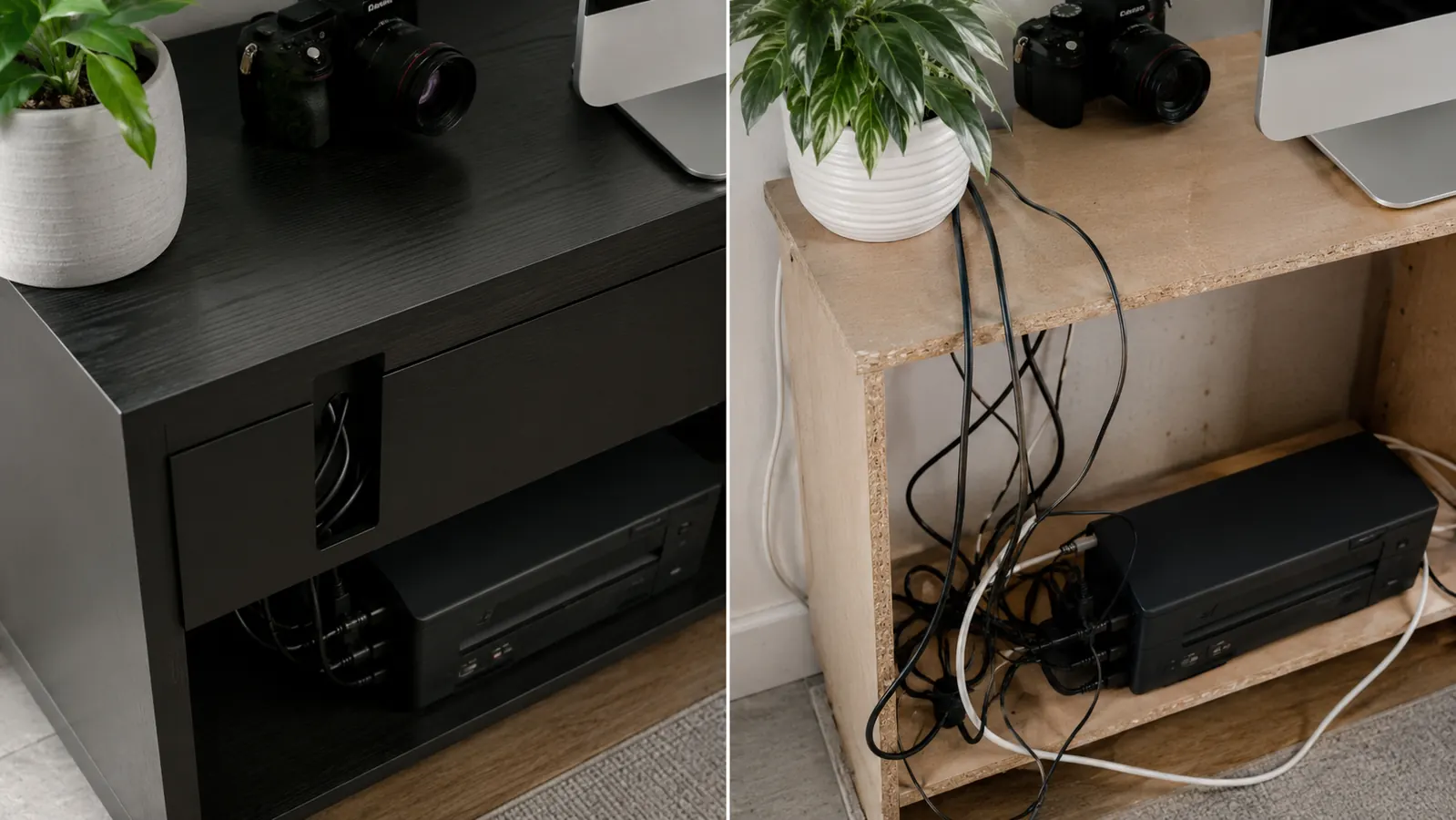 Tangled printer USB and power cables routed neatly through a side cutout on a printer stand versus loose cables dangling from an open shelf