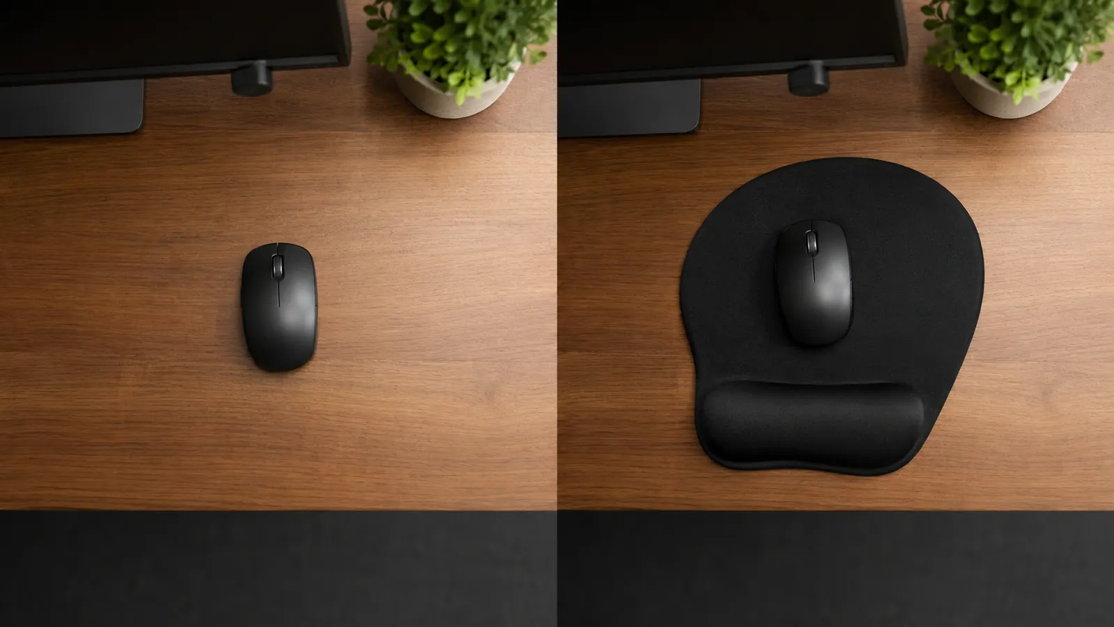 Split comparison showing a bare wooden desk with no wrist support on the left and the same desk with an MROCO gel wrist rest mouse pad on the right