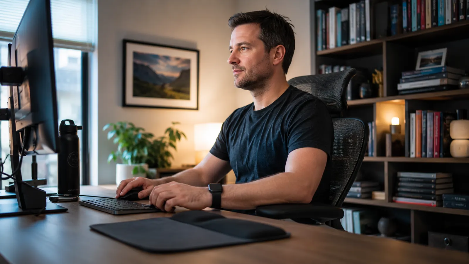 Remote worker at a sit-stand desk with an ergonomic mouse pad setup visible on the surface