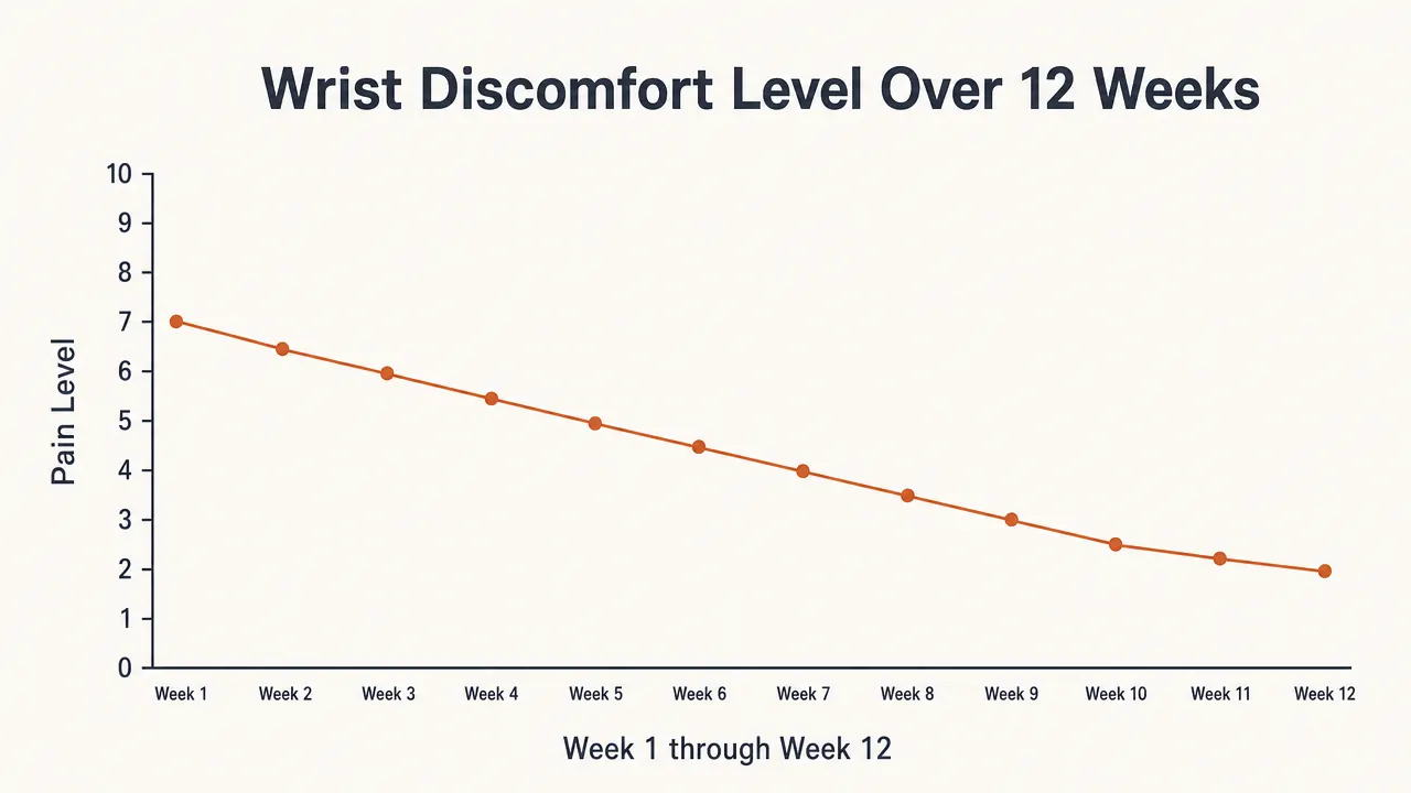 Chart showing wrist pain level on a scale of 1 to 10 measured weekly over twelve weeks of using an ergonomic mouse pad