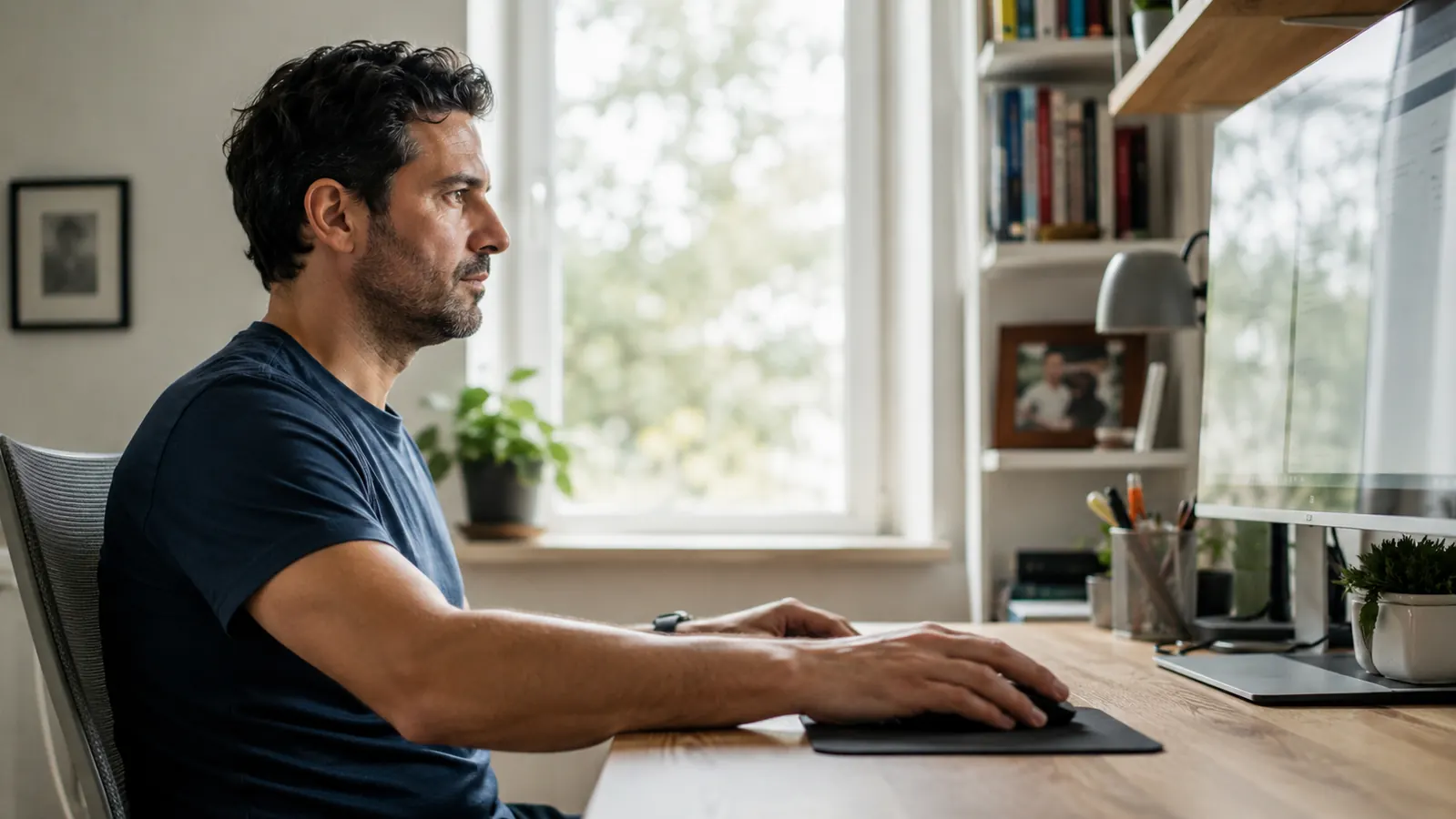 Person working at a home office desk with good wrist posture, hand resting flat on a mouse pad with the wrist supported