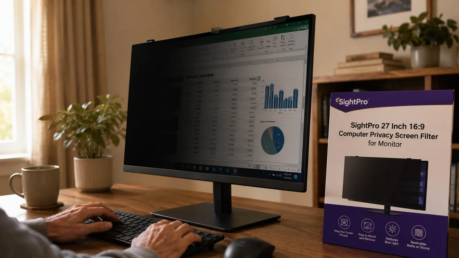 Close-up of a monitor privacy screen filter installed on a 27-inch desktop monitor, showing the darkened side view versus the clear straight-on view