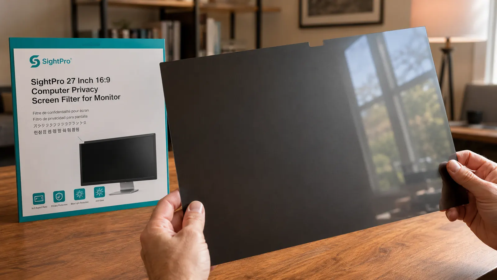 Person tilting a SightPro privacy screen filter to show the matte side versus glossy side difference
