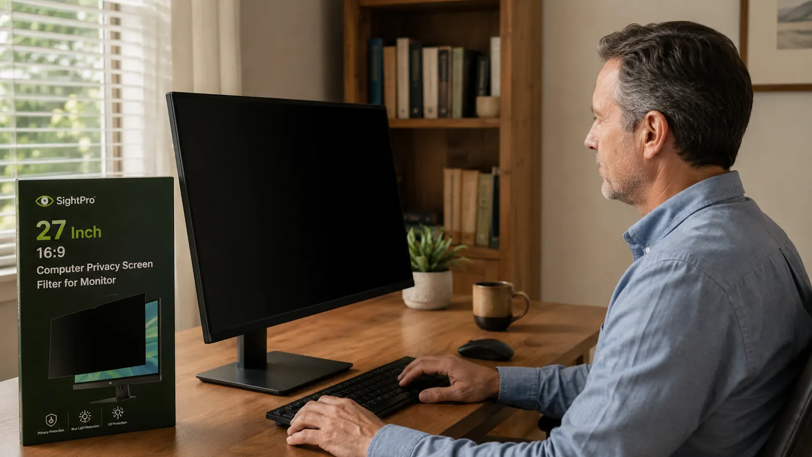 Side view of a monitor with a privacy screen filter installed showing a near-black screen from the side angle