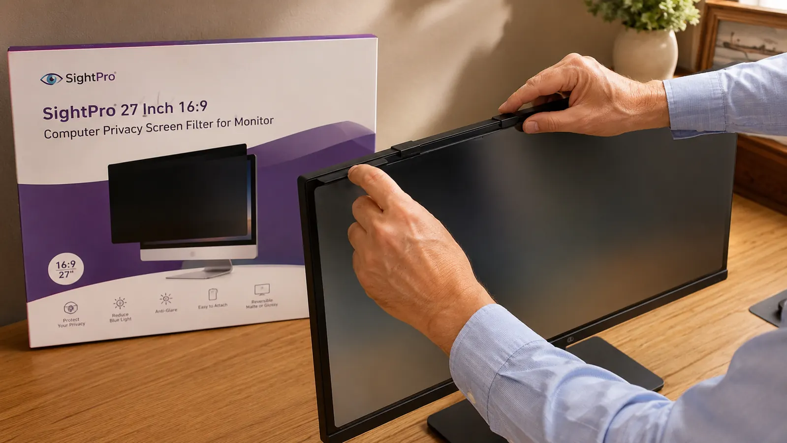 Close-up of a SightPro privacy screen filter installed on a monitor, showing how it clips onto the top of the display bezel