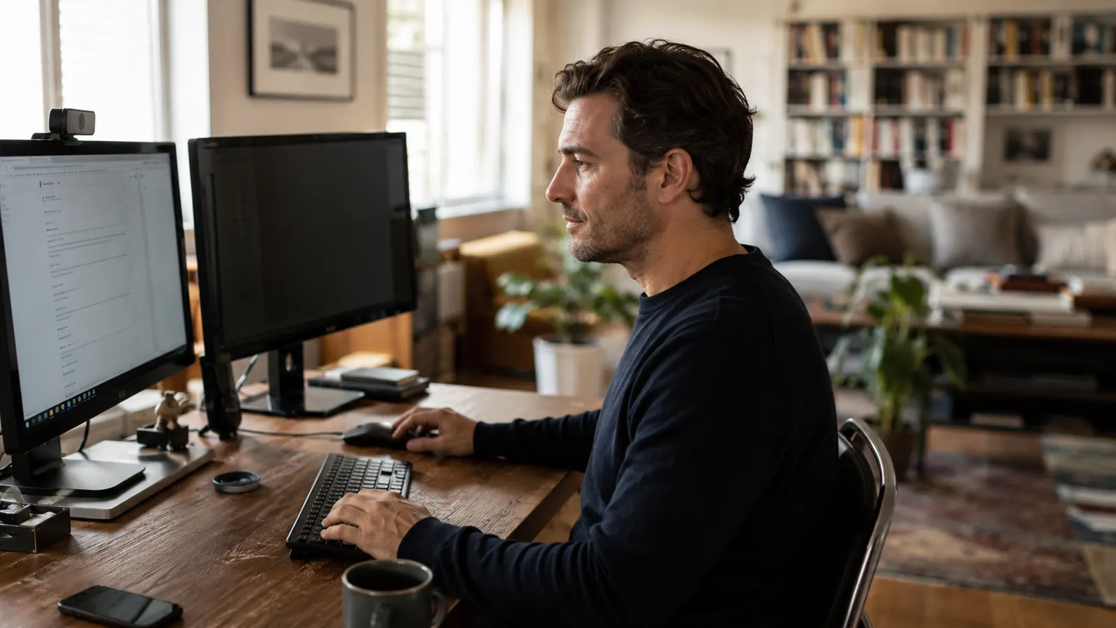 Person sitting at a home office desk working on a laptop, a privacy screen visible on a second monitor beside them
